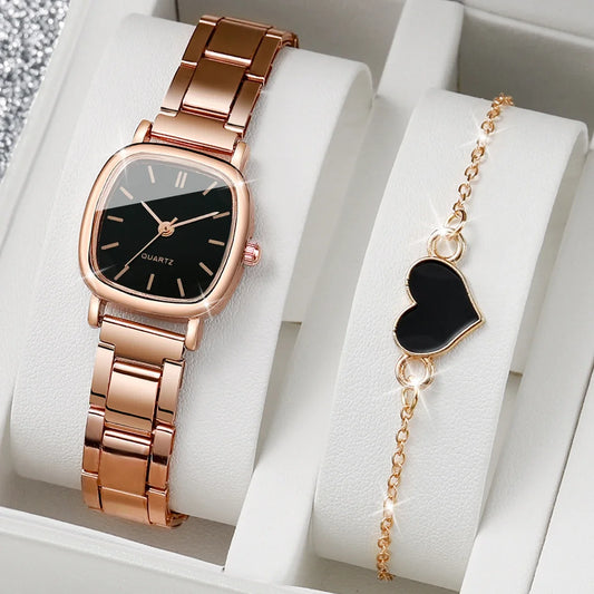 Women Fashion Stainless Steel Quartz Watch & Love Heart Bracelet
